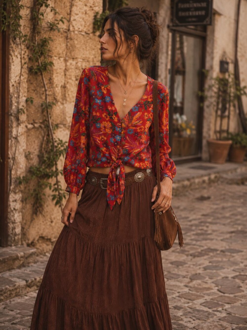 Mediterranean Boho Resort Linen Blend Floral Tie Front Blouse Maison d'Amélie XS